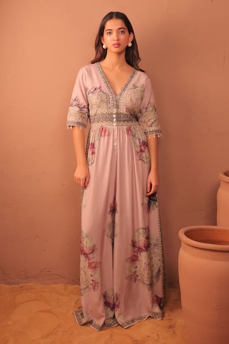 Surkh Syahi Mauve Cotton, Muslin Embroidery V-neck Carnation Crush Jumpsuit