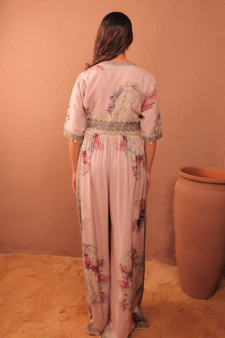 Shop_Surkh Syahi_Mauve Cotton, Muslin Embroidery V-neck Carnation Crush Jumpsuit _at_Aza_Fashions
