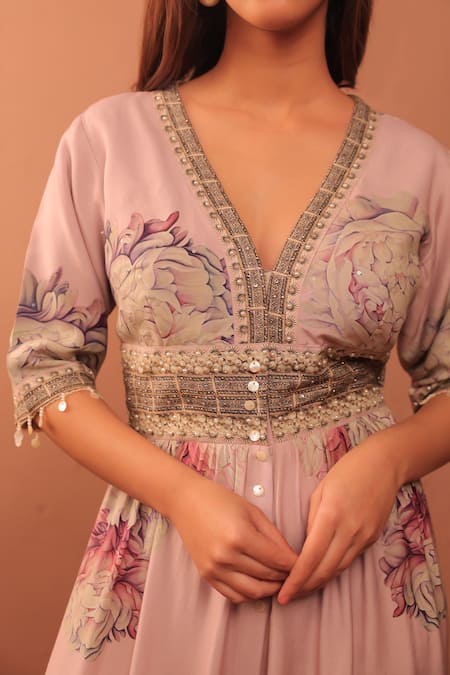 Surkh Syahi_Mauve Cotton, Muslin Embroidery V-neck Carnation Crush Jumpsuit _at_Aza_Fashions