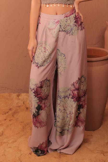 Surkh Syahi_Mauve Cotton Halter Neck Carnation Crush Co-ord Pant Set _Online_at_Aza_Fashions