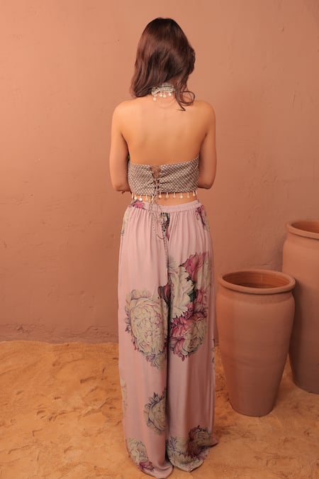 Shop_Surkh Syahi_Mauve Cotton Halter Neck Carnation Crush Co-ord Pant Set _at_Aza_Fashions