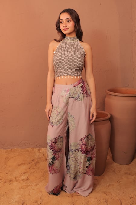 Surkh Syahi_Mauve Cotton Halter Neck Carnation Crush Co-ord Pant Set _at_Aza_Fashions