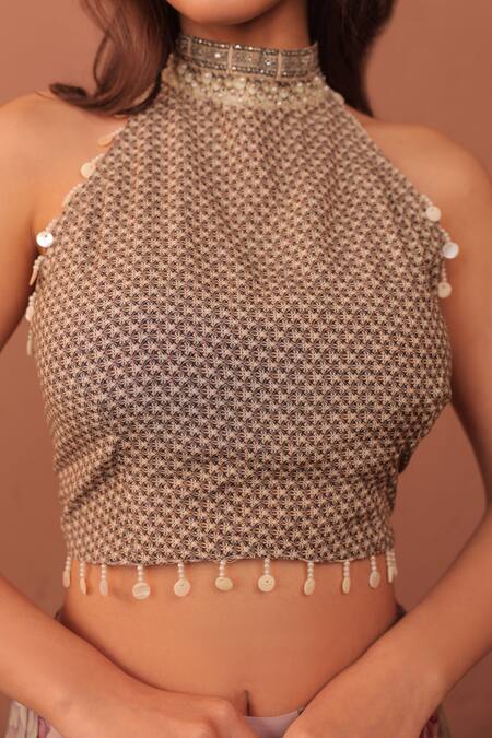 Buy_Surkh Syahi_Mauve Cotton Halter Neck Carnation Crush Co-ord Pant Set 