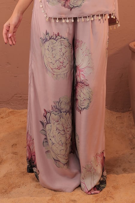 Shop_Surkh Syahi_Mauve Cotton, Muslin V-neck Carnation Crush Co-ord Pant Set _Online_at_Aza_Fashions