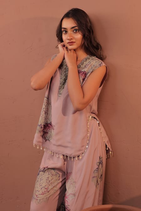 Buy_Surkh Syahi_Mauve Cotton, Muslin V-neck Carnation Crush Co-ord Pant Set 