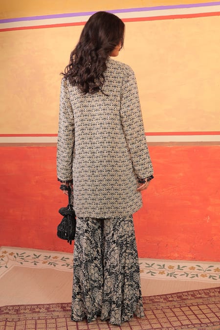 Shop_Surkh Syahi_Black Crepe Sequins Sweetheart Neck Pandora Gharara Set _at_Aza_Fashions