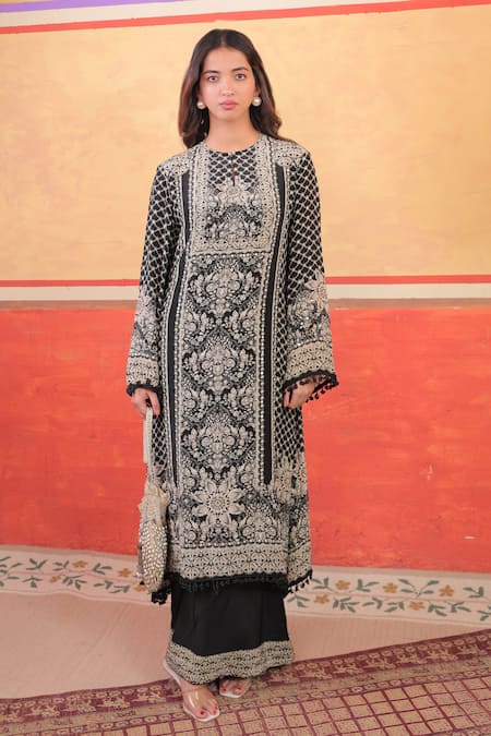 Surkh Syahi Black Crepe Embroidery Round Neck Pandora A-line Kurta Set 