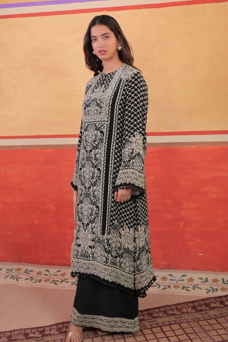 Surkh Syahi_Black Crepe Embroidery Round Neck Pandora A-line Kurta Set _Online_at_Aza_Fashions