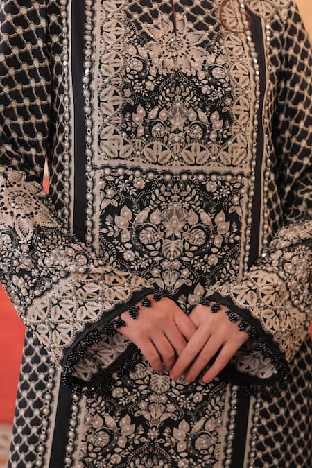 Shop_Surkh Syahi_Black Crepe Embroidery Round Neck Pandora A-line Kurta Set _Online_at_Aza_Fashions
