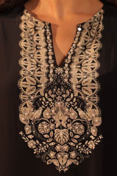 Surkh Syahi_Black Crepe Embroidery Notched Neck Pandora Asymmetric Kurta Set _at_Aza_Fashions