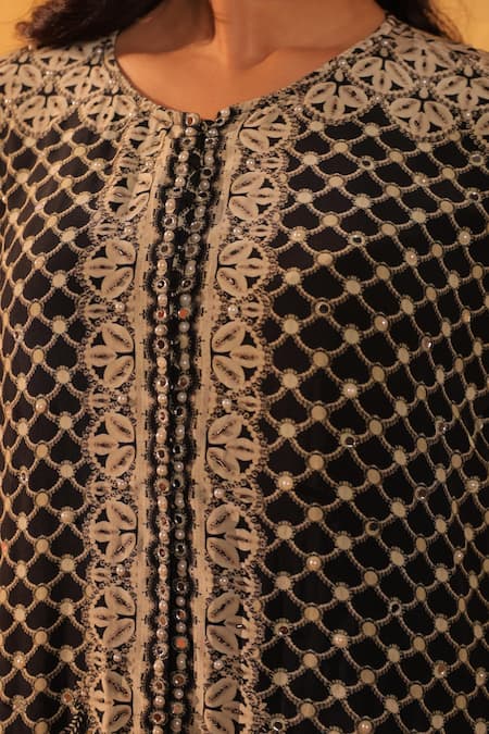 Surkh Syahi_Black Crepe Embroidery Round Neck Pandora Tunic With Pant _Online_at_Aza_Fashions