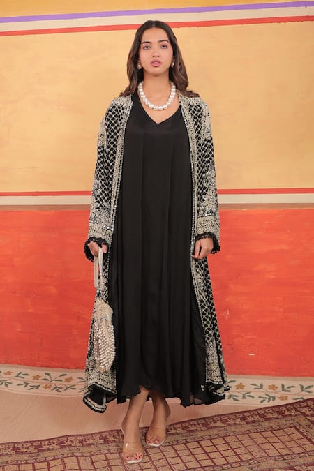 Shop_Surkh Syahi_Black Crepe Embroidery Open Neck, Pandora Long Jacket And Dress Set _Online_at_Aza_Fashions