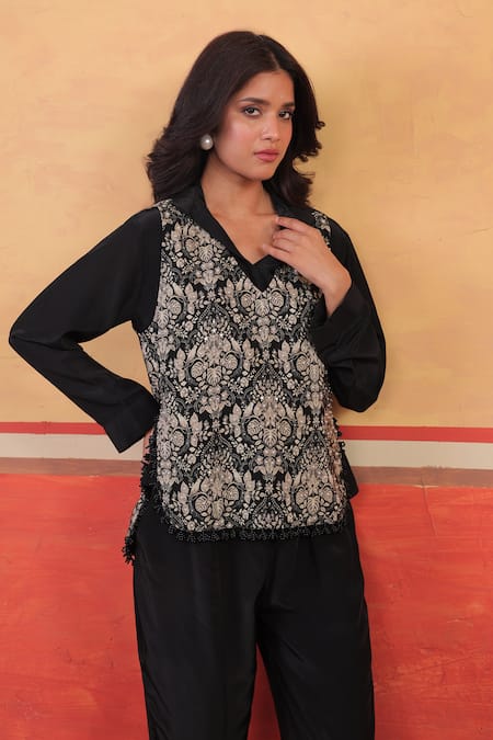 Shop_Surkh Syahi_Black Crepe Embroidery V-neck Pandora Vest Pant Set _Online_at_Aza_Fashions