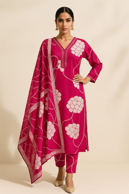 Thee Modern Roots_Fuchsia Cotton, Cambric Mirrors Split V-neck Printed Kurta Set _Online_at_Aza_Fashions