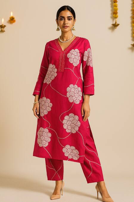 Buy_Thee Modern Roots_Fuchsia Cotton, Cambric Mirrors Split V-neck Printed Kurta Set _Online_at_Aza_Fashions