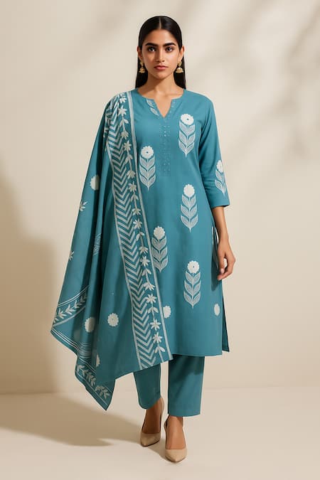 Buy_Thee Modern Roots_Blue Cotton, Cambric Beads Split V-neck Printed Kurta Set _Online_at_Aza_Fashions