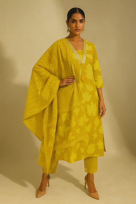 Thee Modern Roots Mustard Cotton, Cambric Mirrors V-neck Basanti Bela Printed Kurta Set