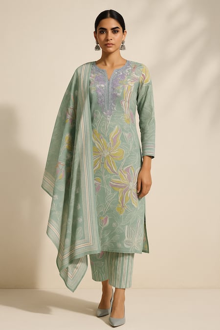 Thee Modern Roots_Green Cotton, Cambric Sequins, Embroidery Round Abstract Floral Print Kurta Set _Online_at_Aza_Fashions