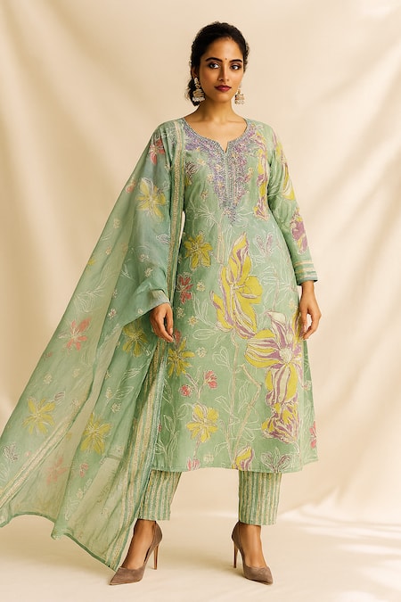 Thee Modern Roots Green Cotton, Cambric Sequins, Embroidery Round Abstract Floral Print Kurta Set 