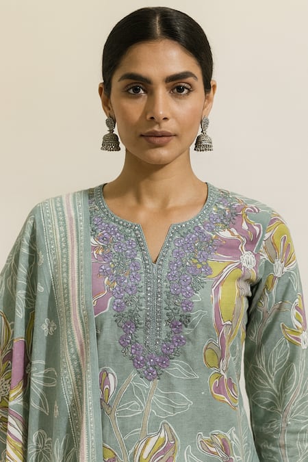 Buy_Thee Modern Roots_Green Cotton, Cambric Sequins, Embroidery Round Abstract Floral Print Kurta Set _Online_at_Aza_Fashions