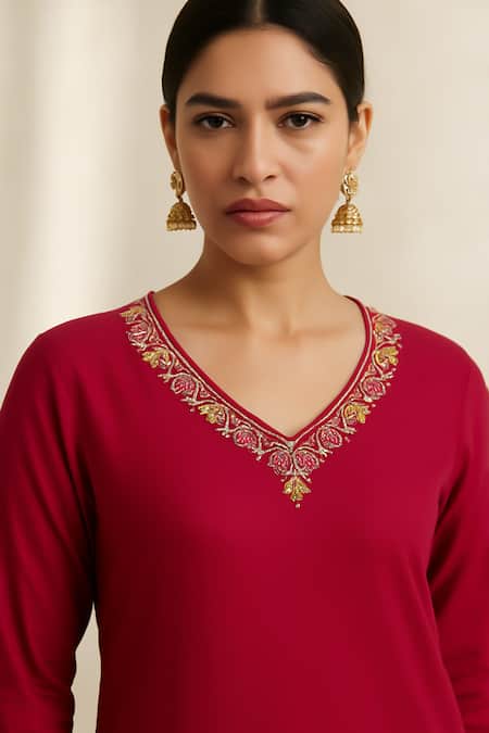 Shop_Thee Modern Roots_Fuchsia Viscose, Silk Embroidery V-neck Printed Kurta Set _Online_at_Aza_Fashions