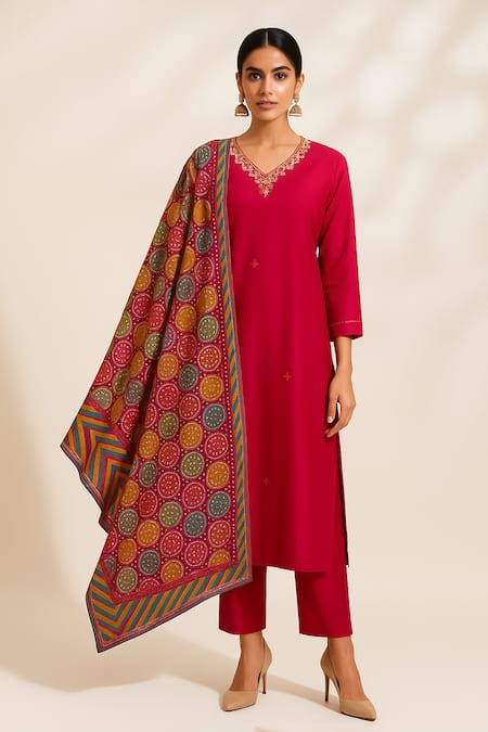 Thee Modern Roots_Fuchsia Viscose, Silk Embroidery V-neck Printed Kurta Set _at_Aza_Fashions