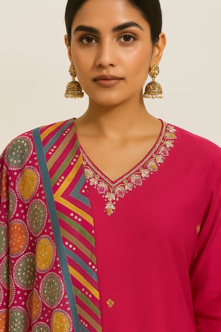 Shop_Thee Modern Roots_Fuchsia Viscose, Silk Embroidery V-neck Printed Kurta Set 