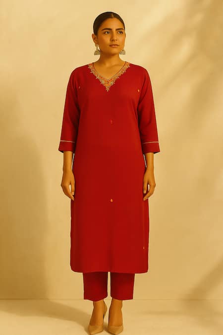 Thee Modern Roots_Red Viscose, Silk Embroidery, Sequins V-neck Printed Dupatta And Kurta Set _at_Aza_Fashions