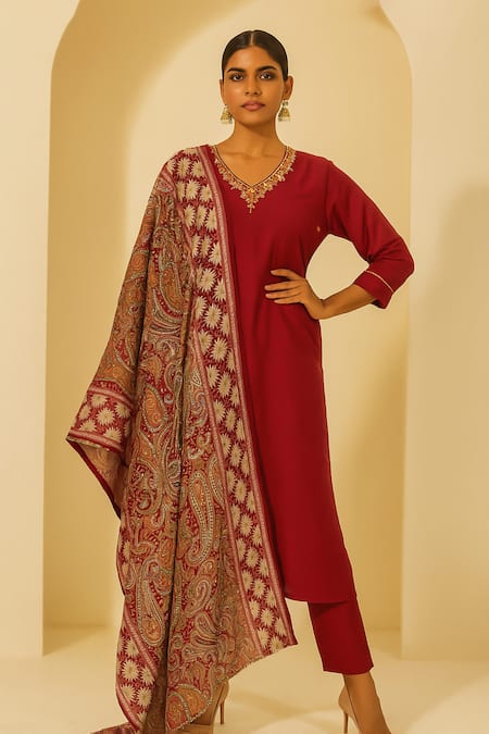 Thee Modern Roots Red Viscose, Silk Embroidery, Sequins V-neck Printed Dupatta And Kurta Set