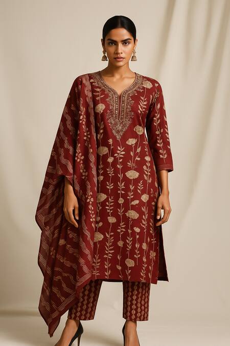 Thee Modern Roots Maroon Cotton, Cambric Embroidery Round Neck Floral Print Kurta Set Online at Aza Fashions Thee Modern Roots_Maroon Cotton, Cambric Embroidery Round Neck Floral Print Kurta Set _Online_at_Aza_Fashions