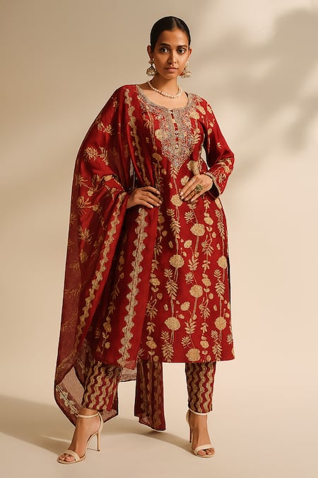 Thee Modern Roots Maroon Cotton, Cambric Embroidery Round Neck Floral Print Kurta Set 