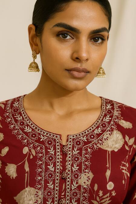 Buy Thee Modern Roots Maroon Cotton, Cambric Embroidery Round Neck Floral Print Kurta Set Online at Aza Fashions Buy_Thee Modern Roots_Maroon Cotton, Cambric Embroidery Round Neck Floral Print Kurta Set _Online_at_Aza_Fashions