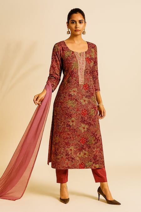 Thee Modern Roots Wine Viscose, Silk Zari Round Neck Printed Kurta Set 