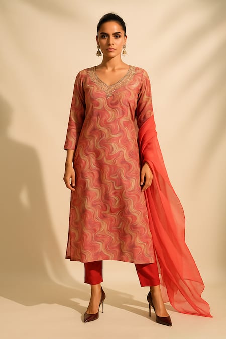 Thee Modern Roots Peach Bemberg, Muslin Embroidery, Mirrors V-neck Printed Kurta Set