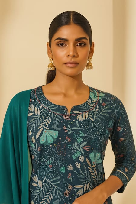 Thee Modern Roots_Teal Bemberg, Muslin Embroidery, Sequins Round Neck Fern Printed Kurta Set _Online_at_Aza_Fashions