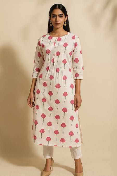 Thee Modern Roots Ivory Cotton, Cambric Round Neck Printed Kurta With Pant