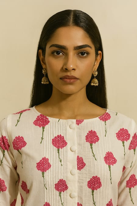 Thee Modern Roots_Ivory Cotton, Cambric Round Neck Printed Kurta With Pant _Online_at_Aza_Fashions