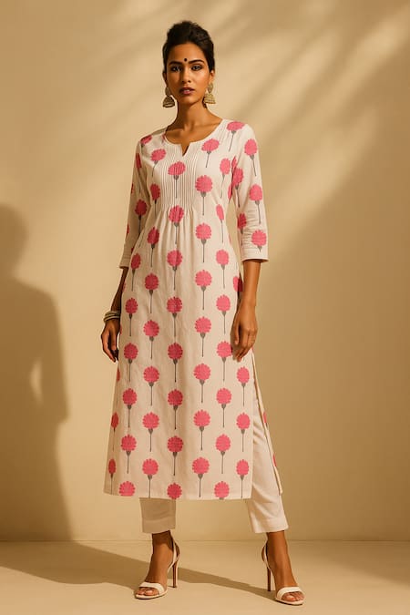 Buy_Thee Modern Roots_Ivory Cotton, Cambric Round Neck Printed Kurta With Pant _Online_at_Aza_Fashions