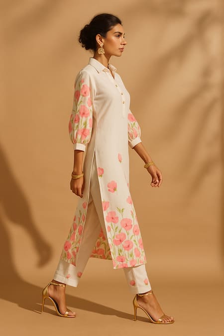 Thee Modern Roots_Ivory Cotton, Cambric Collared Phoolwari Kurta With Pant_Online_at_Aza_Fashions