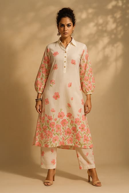 Thee Modern Roots Ivory Cotton, Cambric Collared Phoolwari Kurta With Pant 