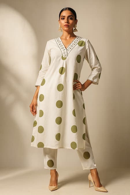 Thee Modern Roots_Ivory Cotton, Cambric Embroidery, Mirrors V-neck Polka Dot Print Kurta Set _Online_at_Aza_Fashions
