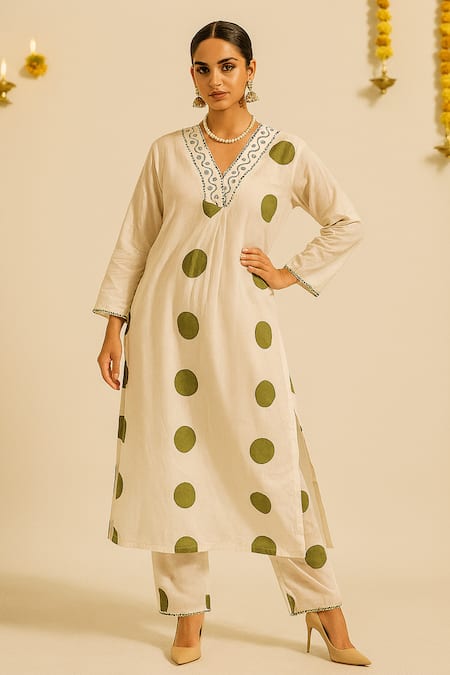 Thee Modern Roots Ivory Cotton, Cambric Embroidery, Mirrors V-neck Polka Dot Print Kurta Set