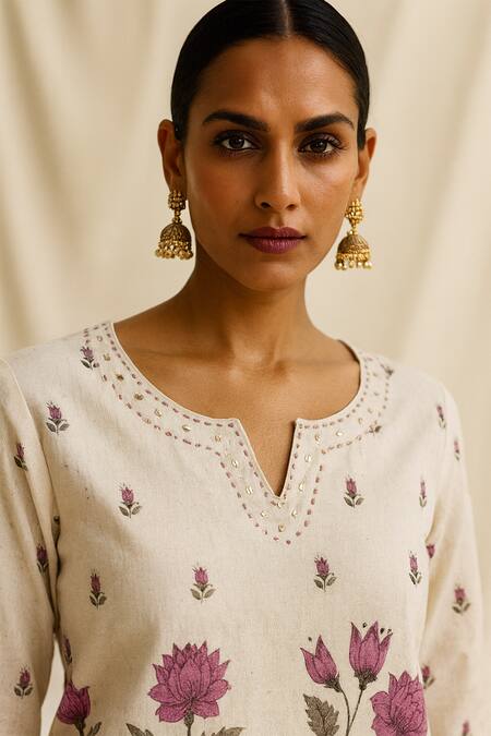 Shop_Thee Modern Roots_Beige Cotton Sequins V-neck Floral Print Kurta With Pant _Online_at_Aza_Fashions