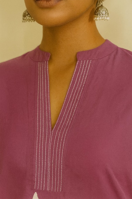 Thee Modern Roots_Lilac Cotton, Cambric Embroidery Split V-neck Palmira Printed Kurta With Pant _Online_at_Aza_Fashions