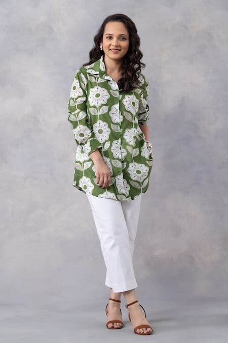 Thee Modern Roots_Olive Green Cotton Collared Floral Print Mul Shirt _Online_at_Aza_Fashions