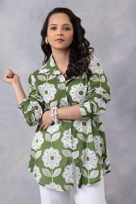 Thee Modern Roots Olive Green Cotton Collared Floral Print Mul Shirt