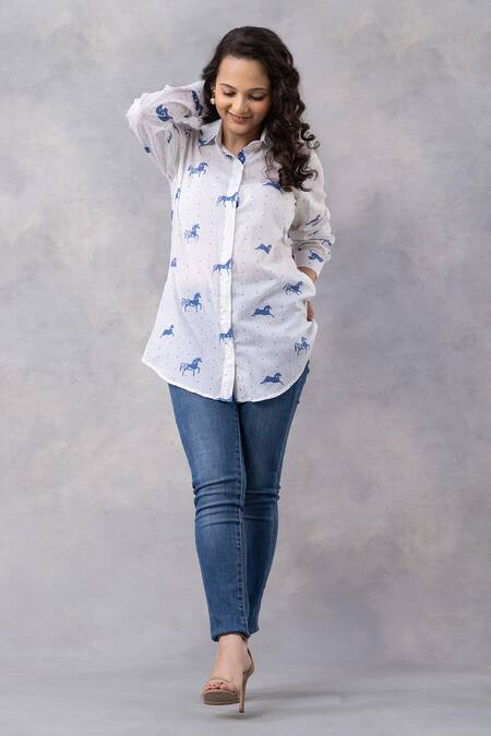 Thee Modern Roots_White Cotton Collared Horse Print Mul Shirt _Online_at_Aza_Fashions