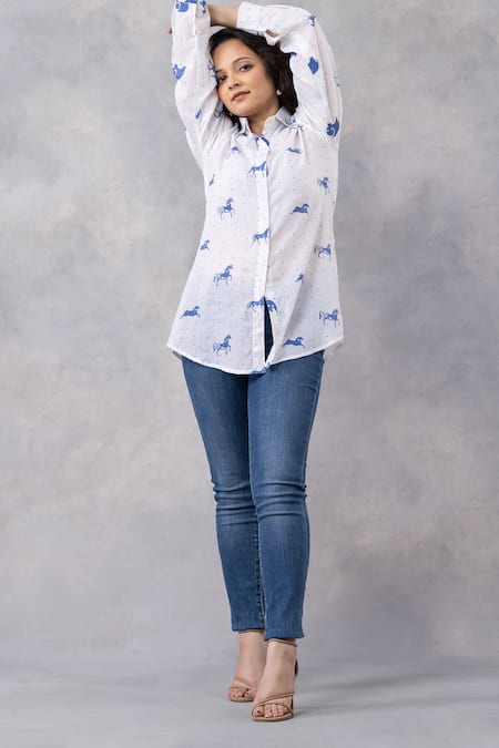 Buy_Thee Modern Roots_White Cotton Collared Horse Print Mul Shirt _Online_at_Aza_Fashions