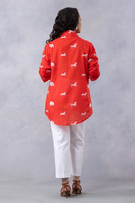 Thee Modern Roots Poppy Red Horse Print Cotton Mul Shirt 