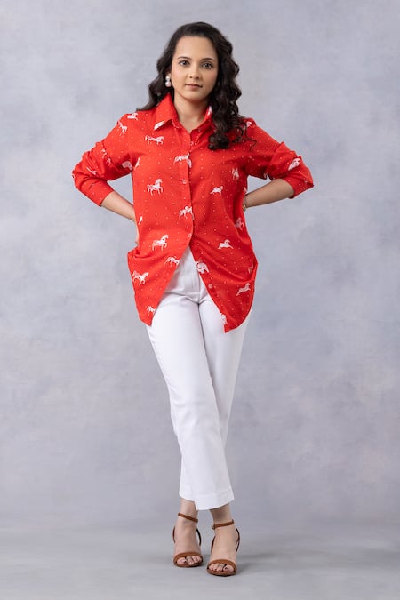 Thee Modern Roots_Red Cotton Collared Poppy Horse Print Mul Shirt _Online_at_Aza_Fashions